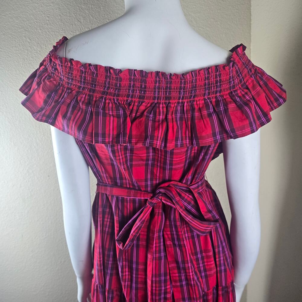 Draper James Kimberly Off-Shoulder Tie-Waist Smocked Neck Dress in Angie Plaid - Picture 6 of 9